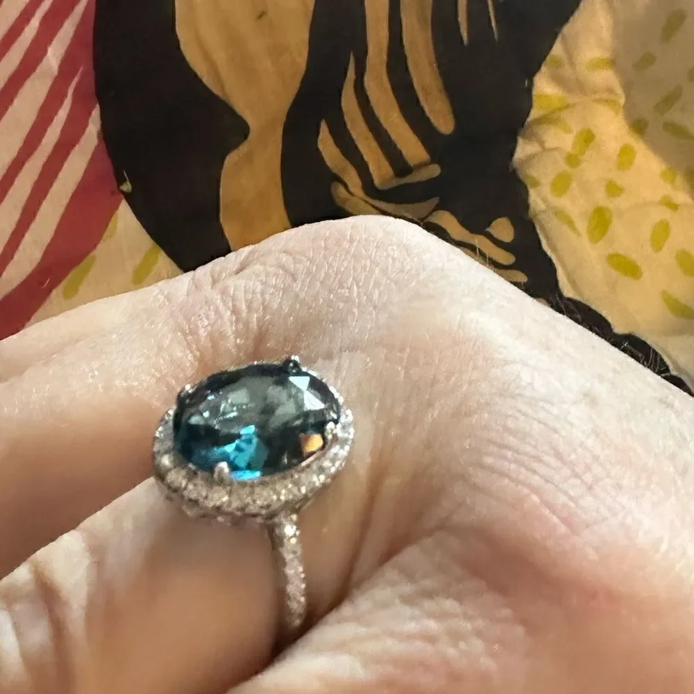 925 Sterling Silver Dark Blue Oval Topaz RING With CZ White Diamonds